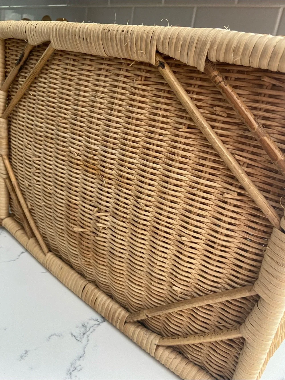 Vintage Wicker Storage Basket w Handle Boho Rattan Sewing Craft Chest